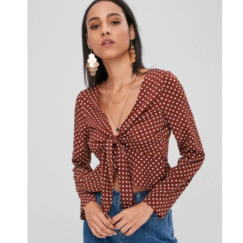 Blood Red and White PolkaDot Knot Tie Blouse
